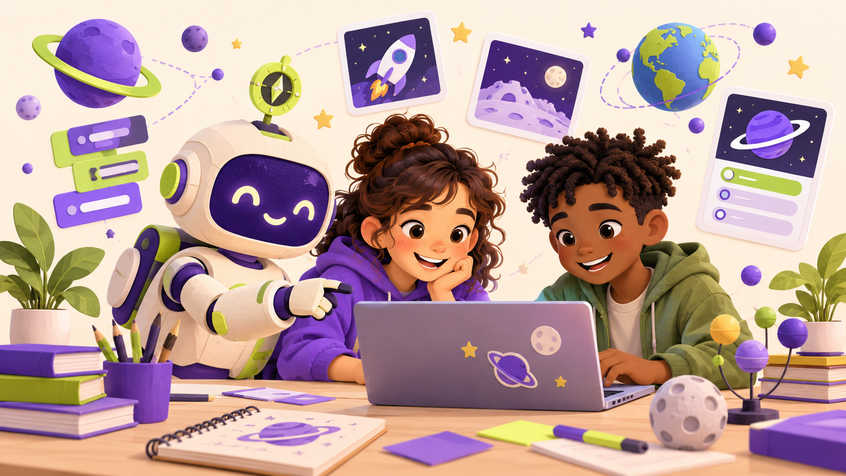 Illustration of two young explorers building a space project with their robot buddy