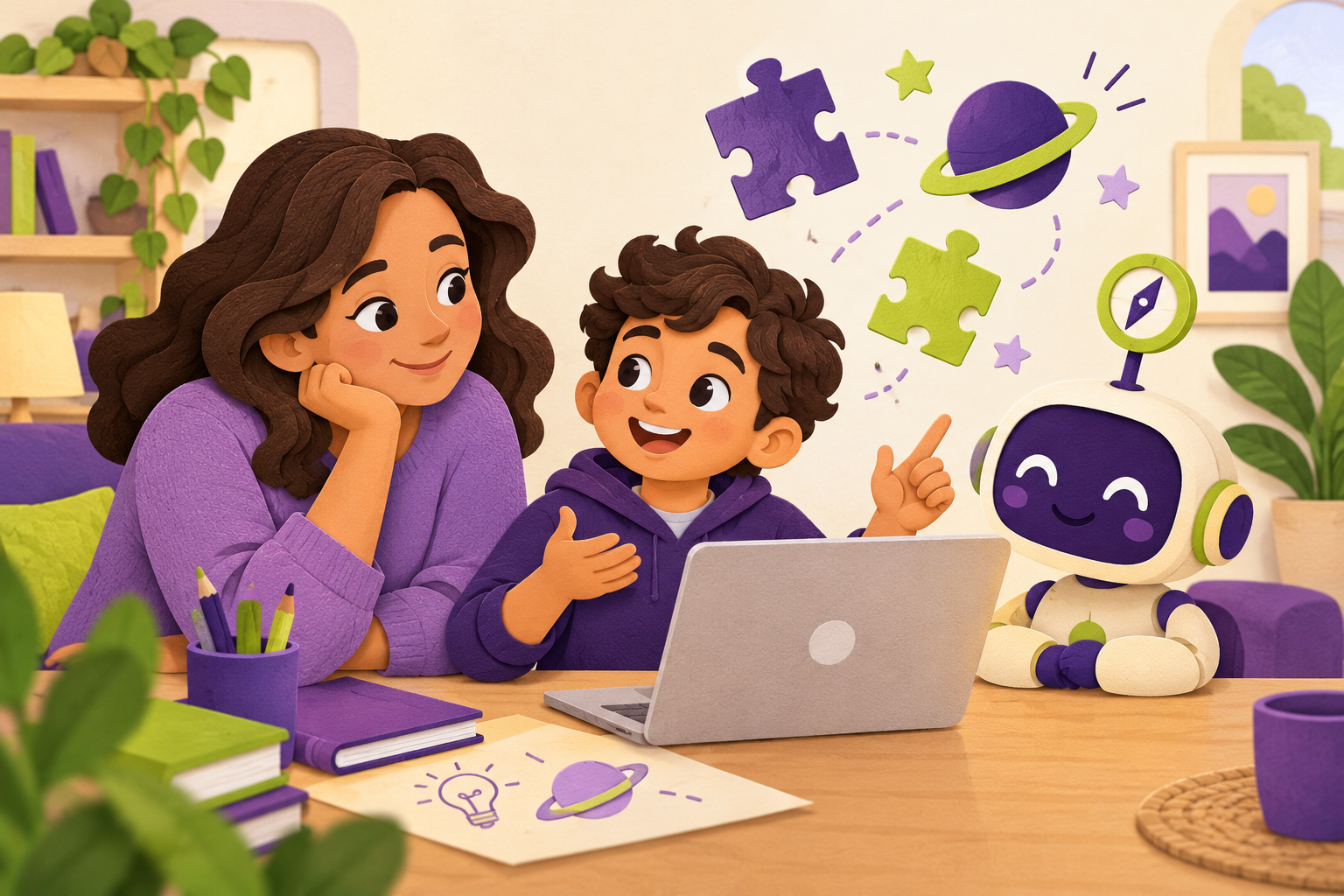 Illustration of a parent and child learning together at a laptop